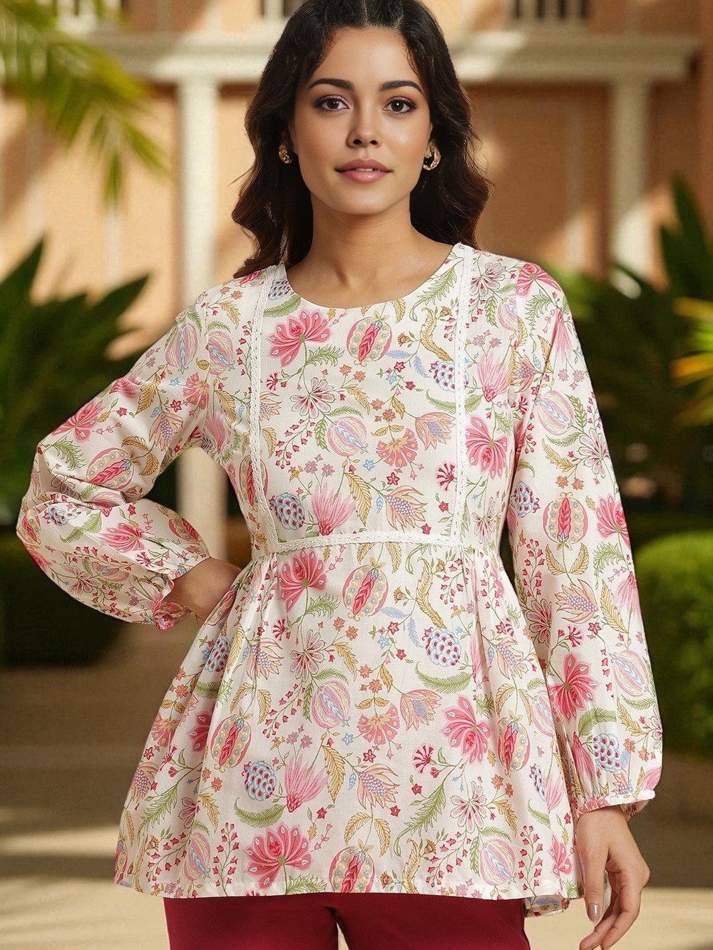 W for Women Pink and White Floral Peplum Blouse